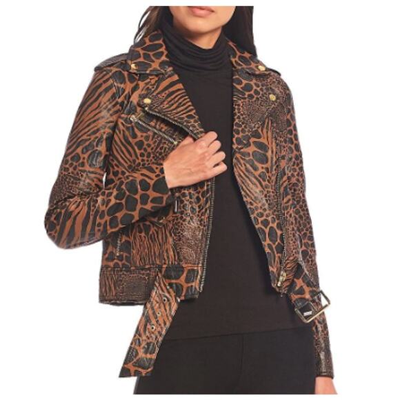 Michael Kors Jackets & Blazers - NWT Michael Kors Caramel Animal Print Leather Moto Jacket Size XS